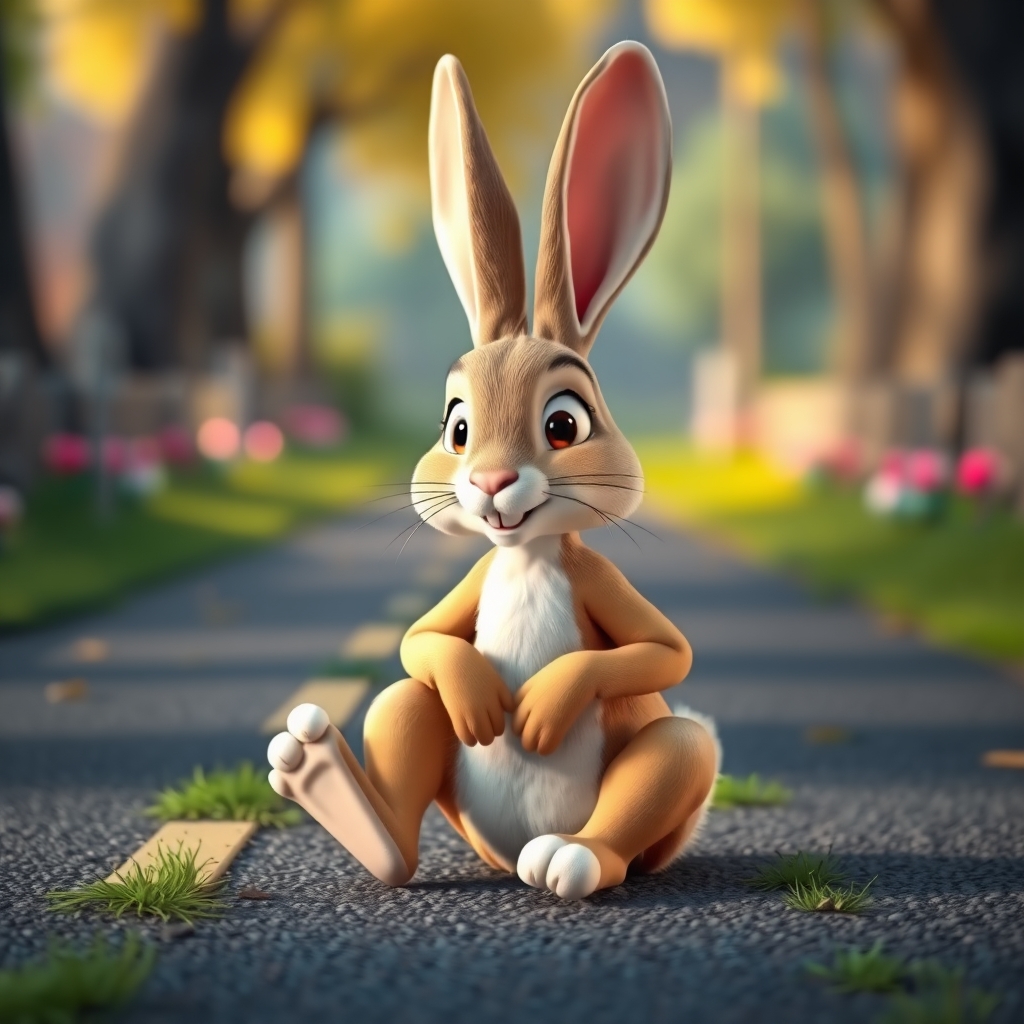 rabbit is sitting on the road