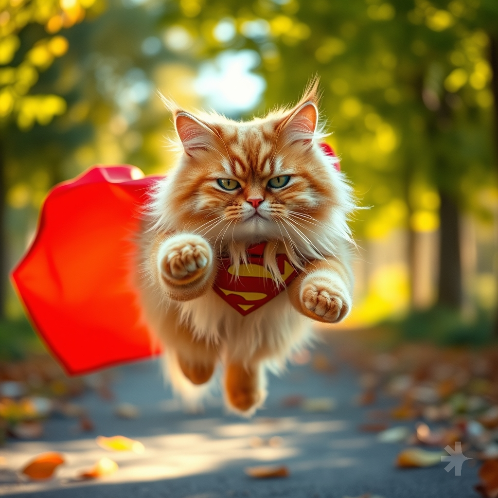 A cinematic, high-action shot of a fluffy, orange ginger Persian cat soaring through the air like a superhero. The cat has a determined, "grumpy" facial expression with its paws tucked forward in a flying pose. It is wearing a vibrant red superhero cape that billows dramatically behind it in the wind, featuring a classic yellow and red "S" shield emblem on the back and chest. The scene is set outdoors on a sun-drenched path with autumn leaves scattered on the ground. The lighting is warm golden hour sunlight, creating a soft glow on the cat's thick fur, with a shallow depth of field that softly blurs the natural green foliage in the background.