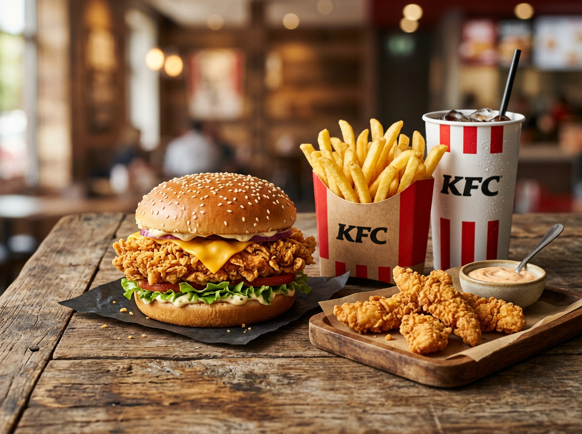 Cinematic food photography of a KFC Zinger Burger meal on a rustic wooden table. The burger features a thick, extra-crispy fried chicken fillet, melted cheddar cheese, fresh green lettuce, and creamy mayo on a sesame bun. In the background, a red-and-white striped carton of golden french fries and a tall KFC soda cup with condensation. To the side, several crunchy chicken tenders and a small bowl of dipping sauce. Warm, soft lighting with a shallow depth of field, high resolution, ultra-realistic textures.