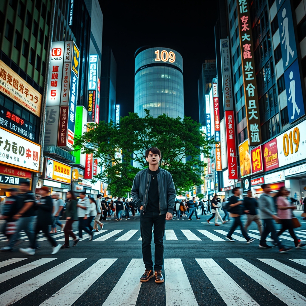 Full‑body street fashion portrait of a single person standing in the middle of a busy city crosswalk at night, sharp focus on the person and motion blur on the surrounding crowd. The scene is set in a neon‑lit downtown similar to Shibuya Crossing in Tokyo, with tall buildings on both sides, covered in colorful illuminated billboards and signs (English and Japanese text, brands like clothing stores and electronics, large vertical light boxes, and LED screens). In the distant center background there is a cylindrical grey building with a glowing ‘109’ logo near the top, and a ‘UNIQLO’ sign on a boxy building slightly to the left. Other signs in red, blue, white, green, and yellow light up the street, creating a bright, high‑contrast night atmosphere. Trees with green foliage line the central area behind the person.