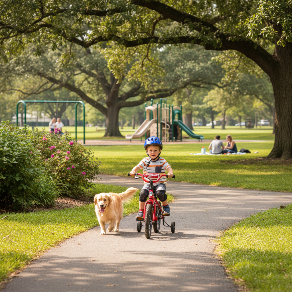 a kid riding bicycle in the park