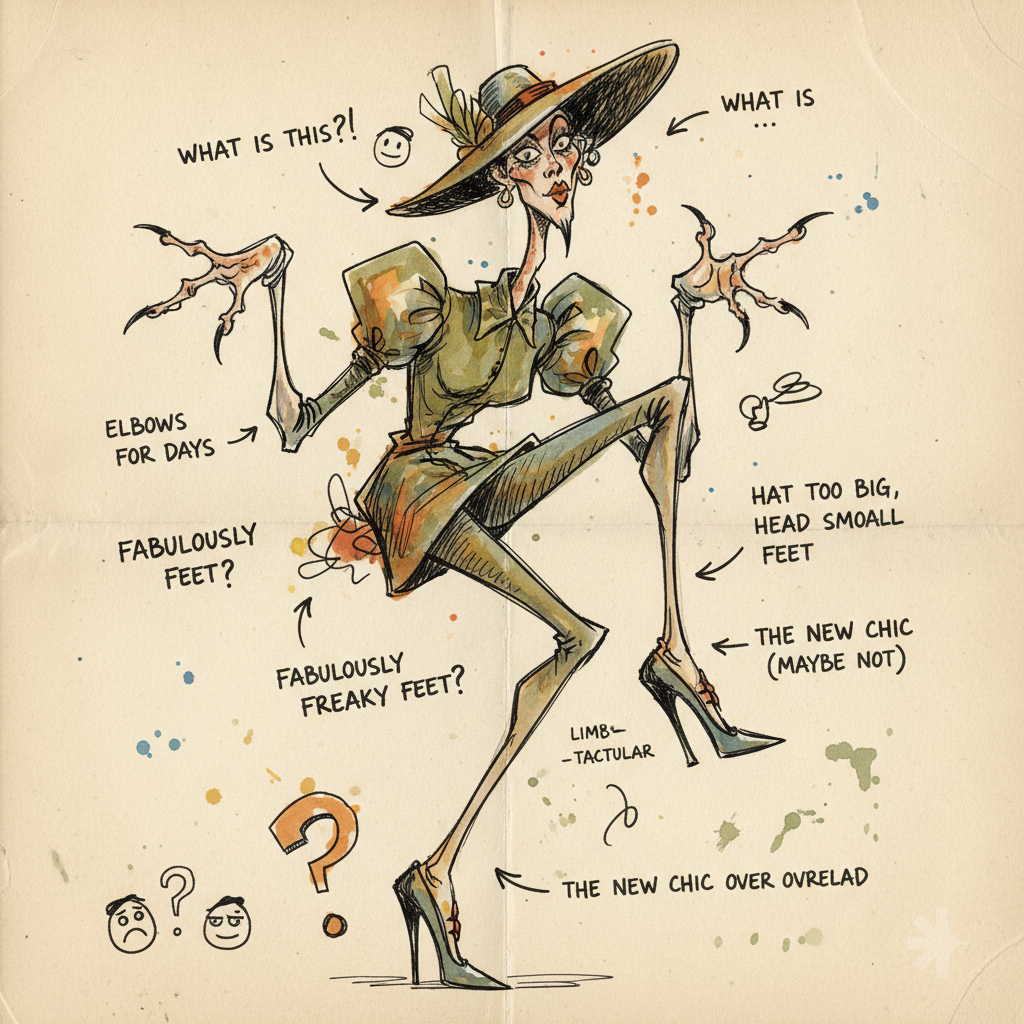 Turn the person from the photo into a grotesque humorous fashion caricature sketch. Strongly exaggerated anatomy, elongated proportions, expressive crooked hands, dramatic face, awkward elegant posture, satirical fashion energy, messy ink lines, rough watercolor, sketchbook style, vintage magazine illustration on beige aged paper. Add handwritten English notes, arrows, funny observations, doodles, and absurd personality analysis around the character.