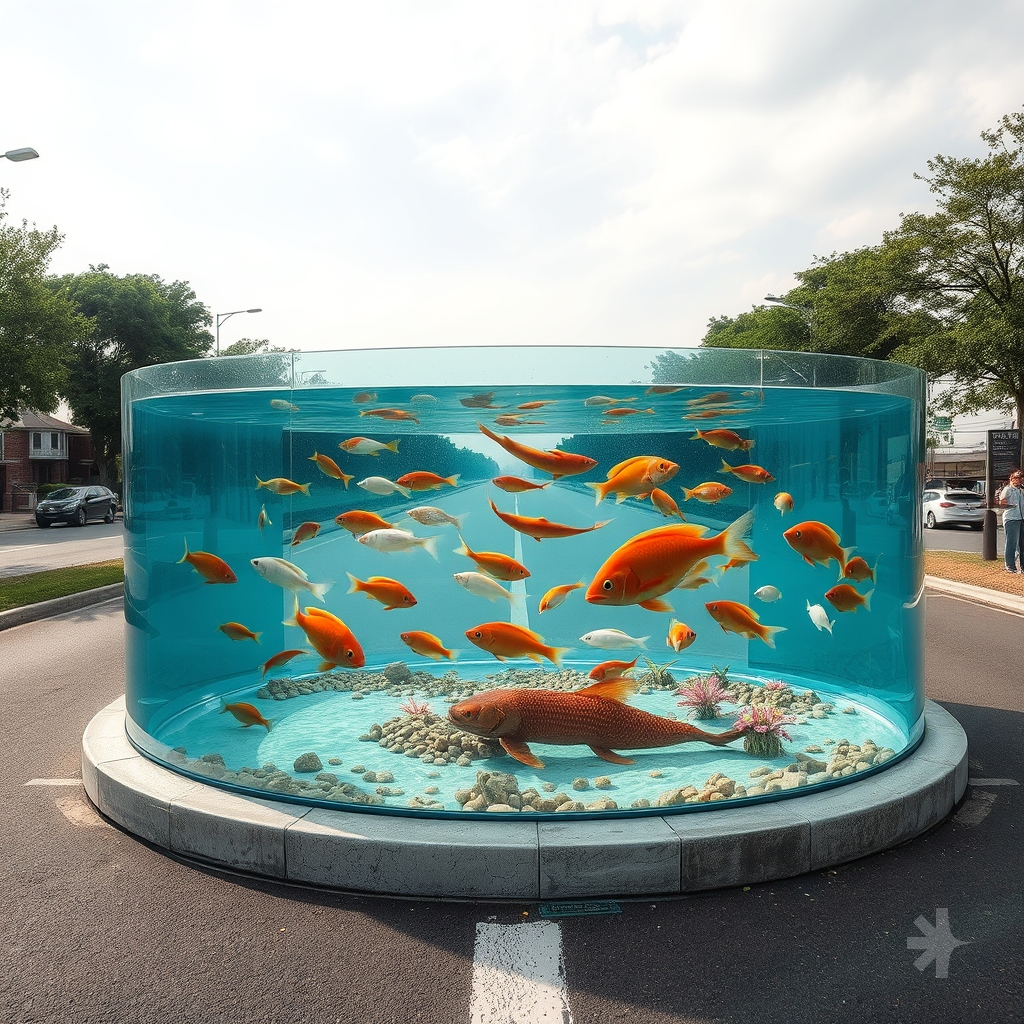 a large watertank that is transparent is on the center of the road and inside it there are fishes