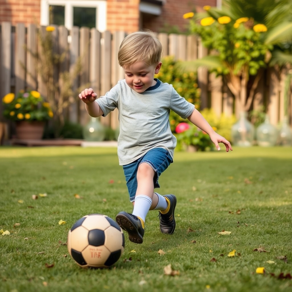boy is playing football in the garden