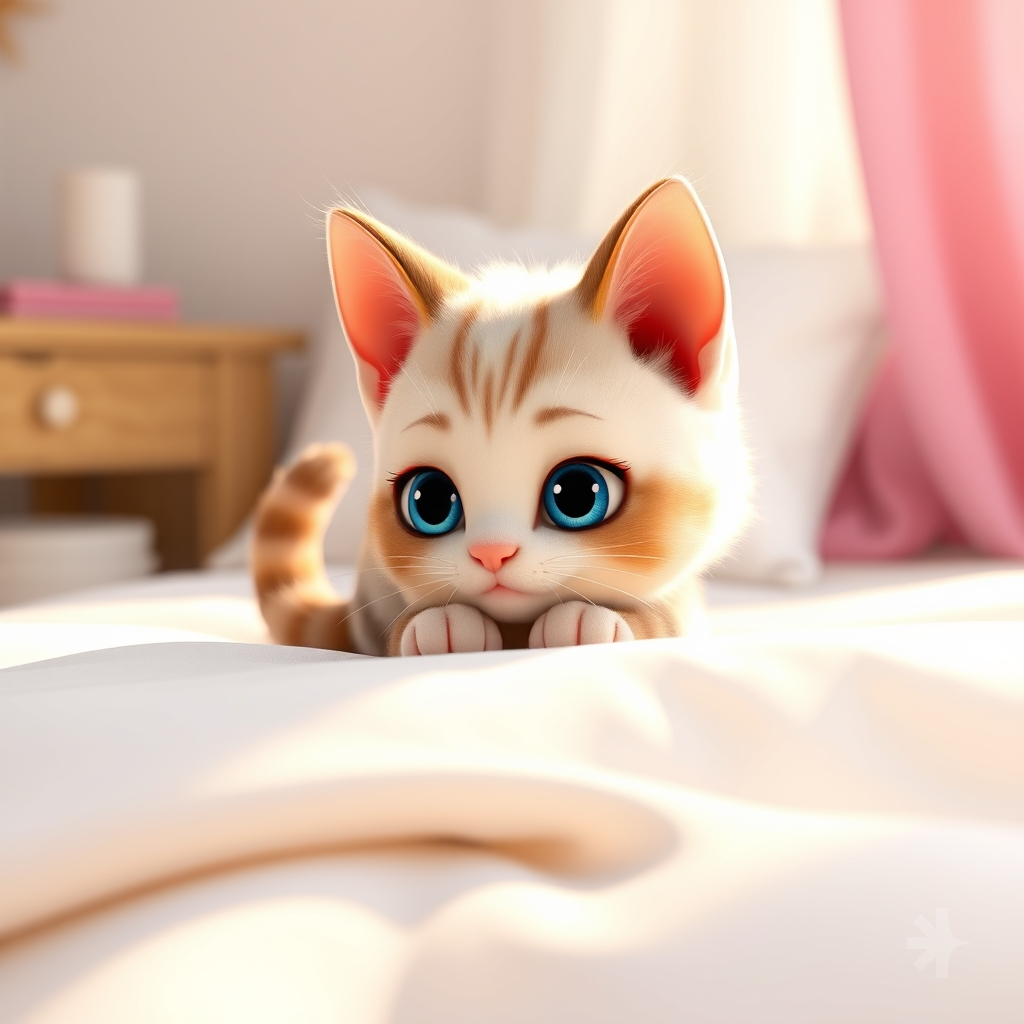 a cute kitten is on the white bed
