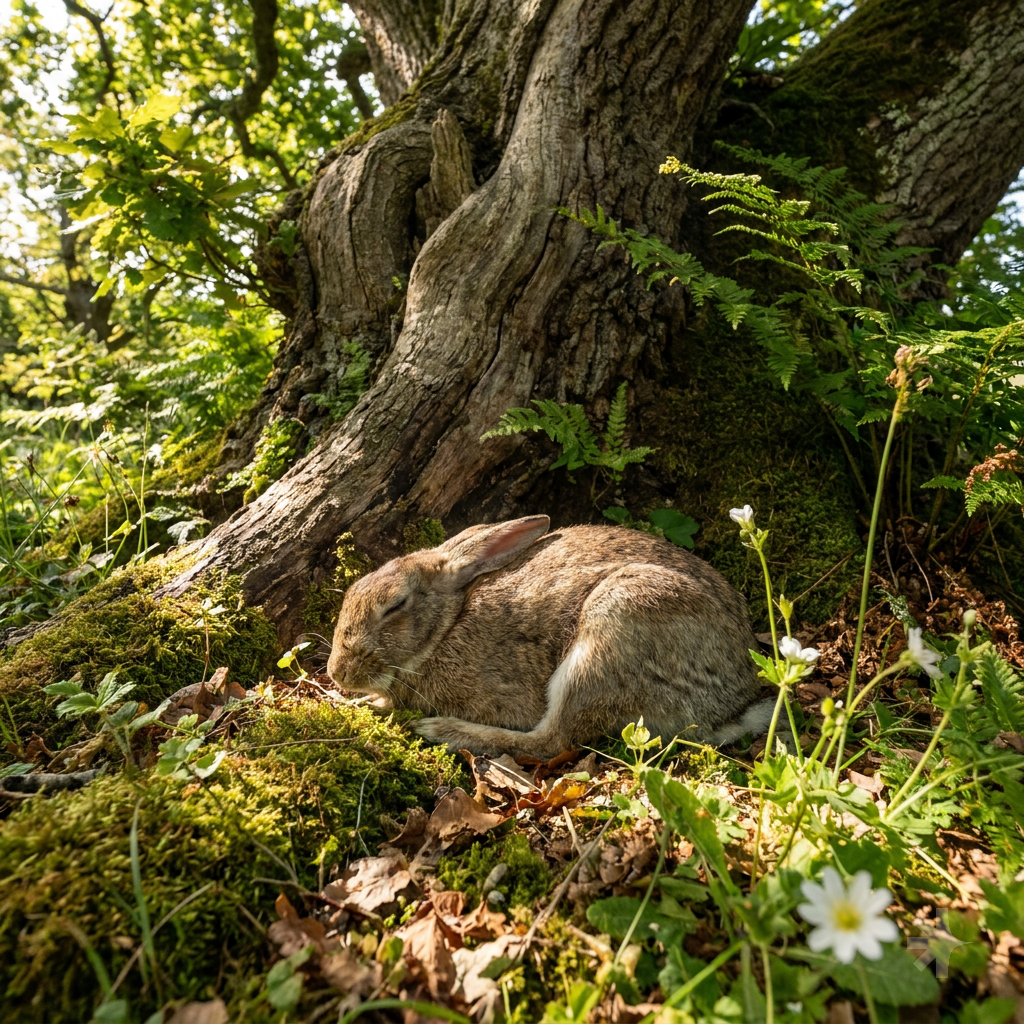 rabbit is sleeping under the tree