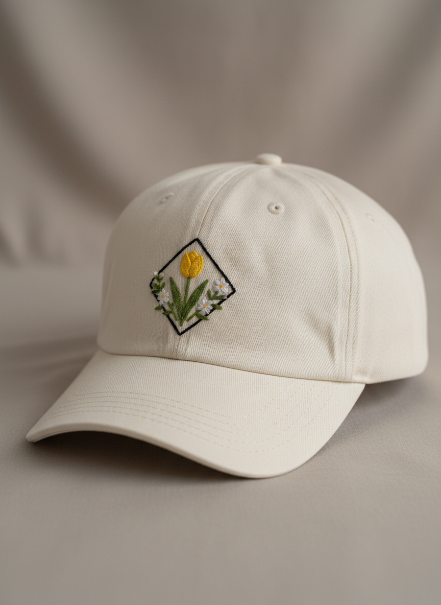 A close-up, high-quality photograph of a cream-colored, soft cotton-twill baseball cap with a relaxed crown and slightly curved brim. The front side features a small, intricate hand-embroidered floral design enclosed within a thin black diamond-shaped border. The embroidery includes a single yellow tulip and delicate white flowers with green leaves. The lighting is soft and neutral, highlighting the fine texture of the fabric.