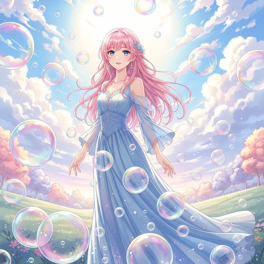 high quality, 8K Ultra HD, high detailed, masterpiece, A digital illustration of anime style, soft anime tones, Detailed illustration of many colorful soap bubbles falling from the sky on a beautiful woman, pale blue dress, colorful colors, colorful woman, pink hair, blue eye, luminism, three dimensional effect, enhanced beauty, Albert Anker, Kyoto Animation, Greg Rutkowski, Artgerm, WLOP, Alphonse Beeple, luminism, 3d render, octane render, Isometric, by yukisakura, awesome full color,