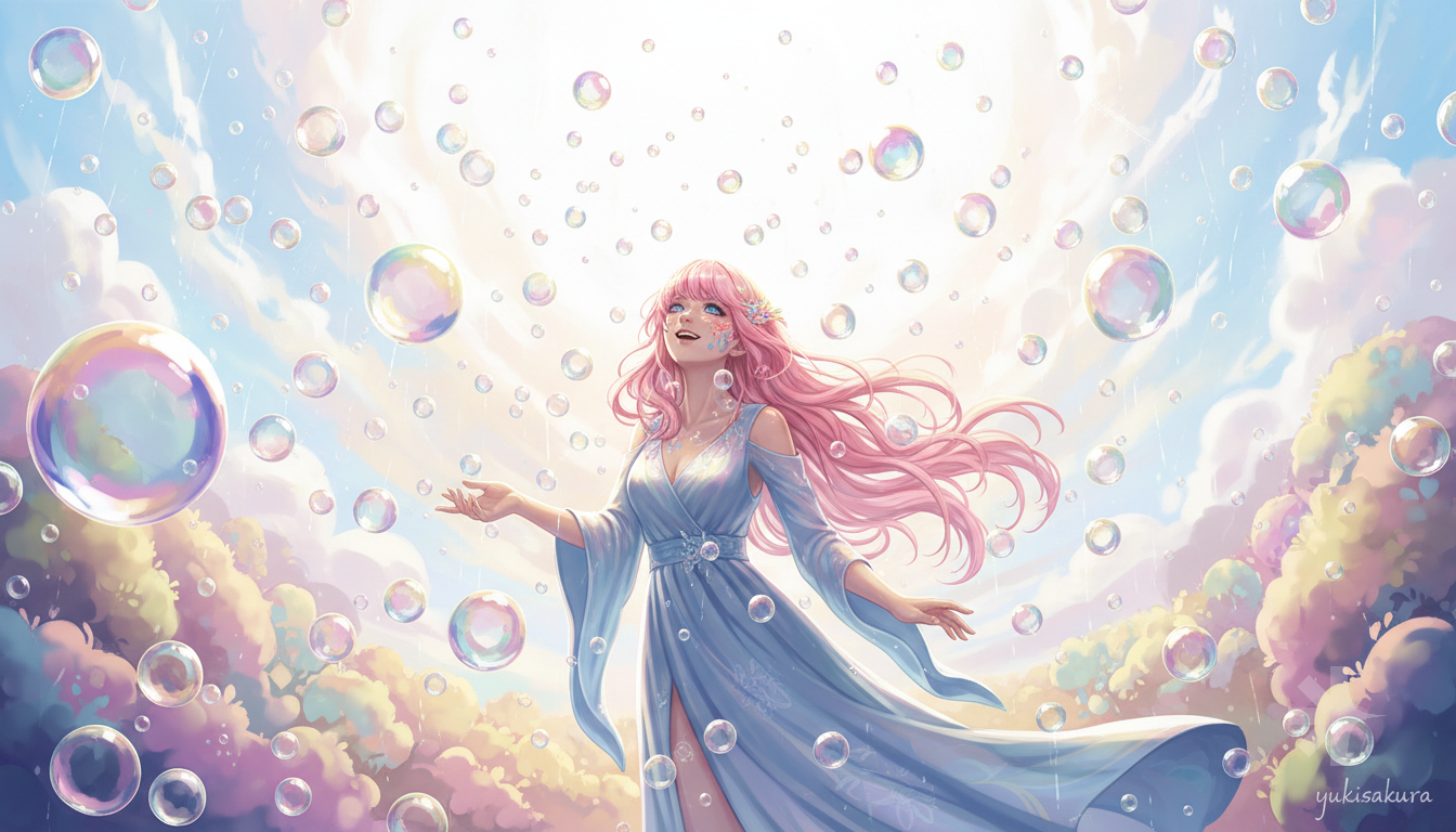high quality, 8K Ultra HD, high detailed, masterpiece, A digital illustration of anime style, soft anime tones, Detailed illustration of many colorful soap bubbles falling from the sky on a beautiful woman, pale blue dress, colorful colors, colorful woman, pink hair, blue eye, luminism, three dimensional effect, enhanced beauty, Albert Anker, Kyoto Animation, Greg Rutkowski, Artgerm, WLOP, Alphonse Beeple, luminism, 3d render, octane render, Isometric, by yukisakura, awesome full color,