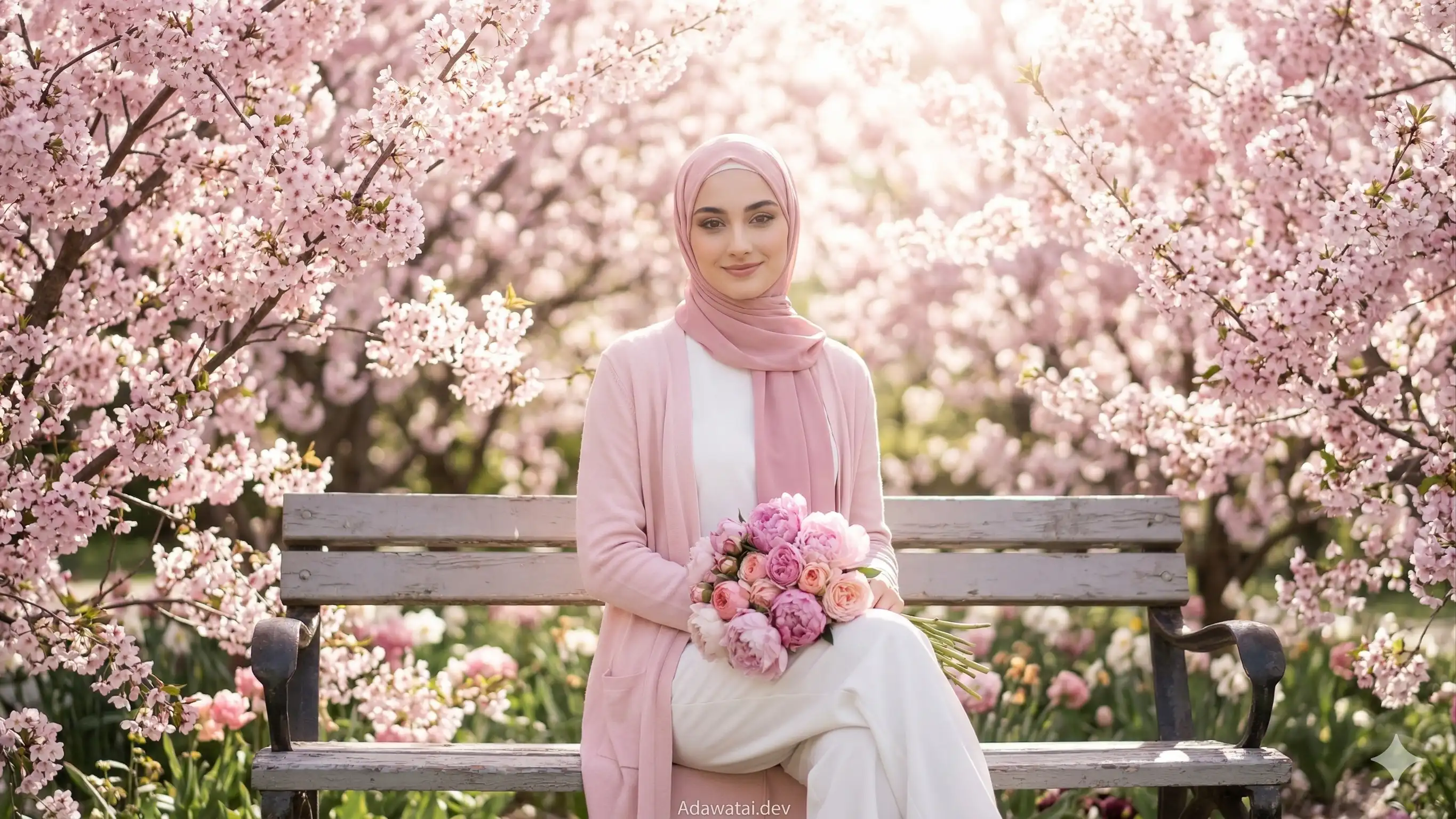 Woman Cherry Blossom Bench Pink Outfit