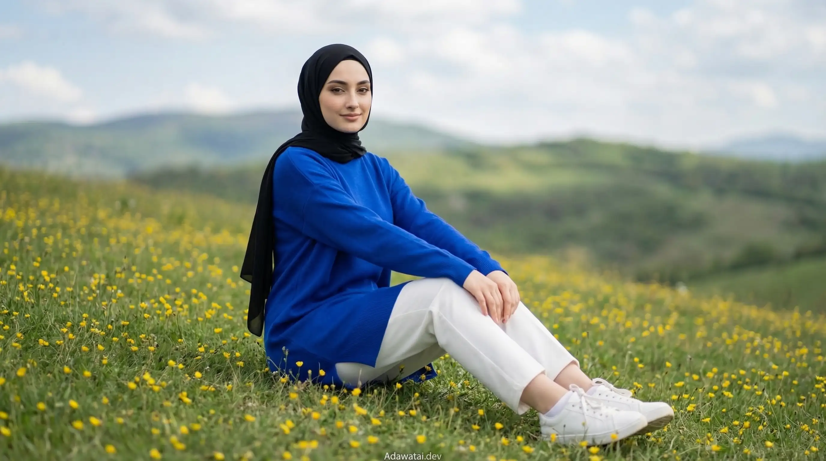 Woman Royal Blue Tunic Grassy Hill