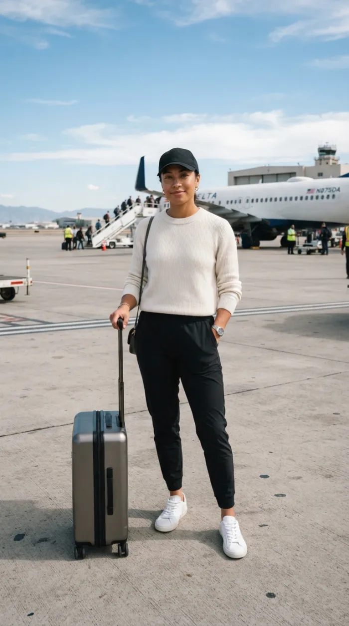 A full-length travel portrait of an individual standing outdoors on an airpor...
